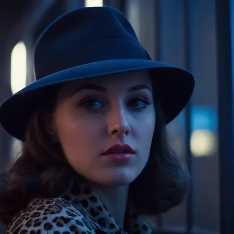 Neon noir, classic film noir style <lora:Classic Film Noir style:1> 
a woman wearing a hat and a leopard print shirt,cinematic,film,Hollywood,crime,drama,dramatic,dramatic light,low light,dim light,low-key light,shadow,partially covered in shadow,window li...