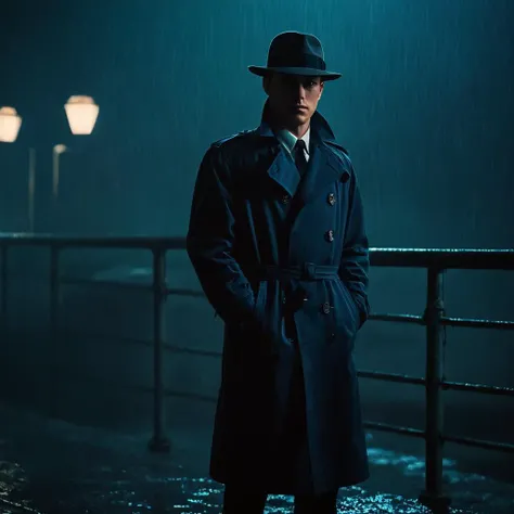 Neon noir, classic film noir style <lora:Classic Film Noir style:1> 
a man in a hat and coat walking across a bridge,cinematic,film,Hollywood,crime,drama,dramatic,dramatic light,low light,dim light,low-key light,shadow,partially covered in shadow,window li...