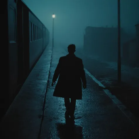 Neon noir, classic film noir style <lora:Classic Film Noir style:1> 
from above, a man is walking towards a train at a station,cinematic,film,Hollywood,crime,drama,dramatic,dramatic light,low light,dim light,low-key light,shadow,partially covered in shadow...