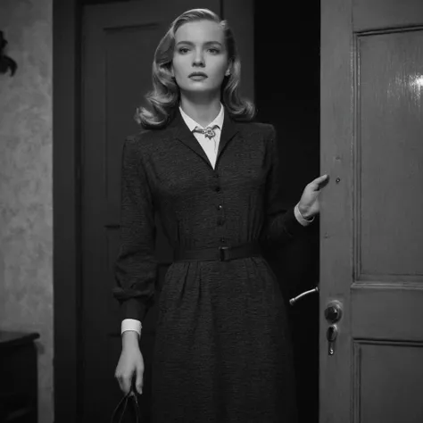 Film noir style,  <lora:Classic Film Noir style:1>
a woman in a dress standing in front of a door,cinematic,film,Hollywood,crime,drama,dramatic,dramatic light,low light,dim light,low-key light,shadow,partially covered in shadow,window light,dark light,cyni...