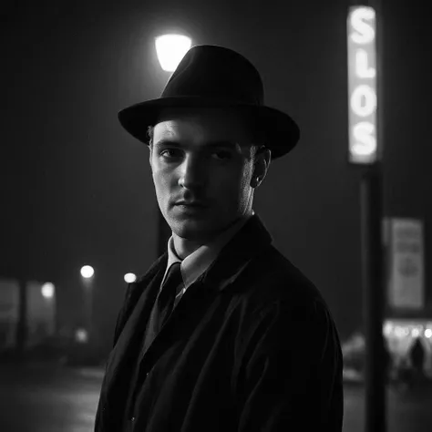 Neon noir, classic film noir style <lora:Classic Film Noir style:1> 
a man in a hat and a black shirt looking at camera in the dark,cinematic,film,Hollywood,crime,drama,dramatic,dramatic light,low light,dim light,low-key light,shadow,partially covered in s...