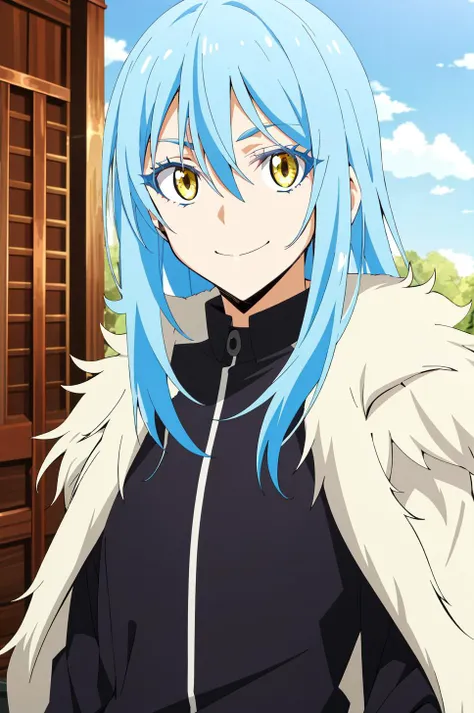 tensura, shirt, yellow eyes, blue hair, smile, long hair, 1other, hair between eyes, looking at viewer, bangs, solo, fur trim, c...