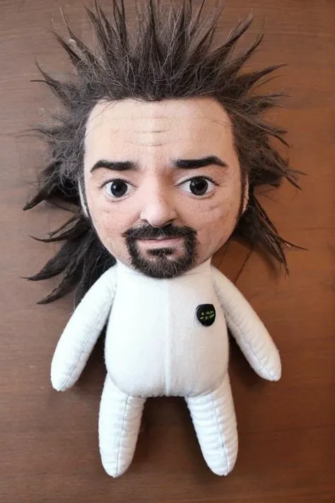 a close up of a stuffed animal with a beard and a moustache