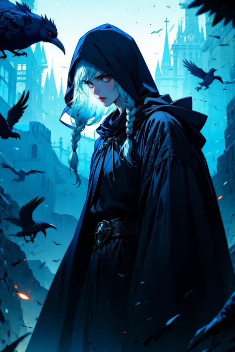 a close up of a person in a hoodedie with crows flying around