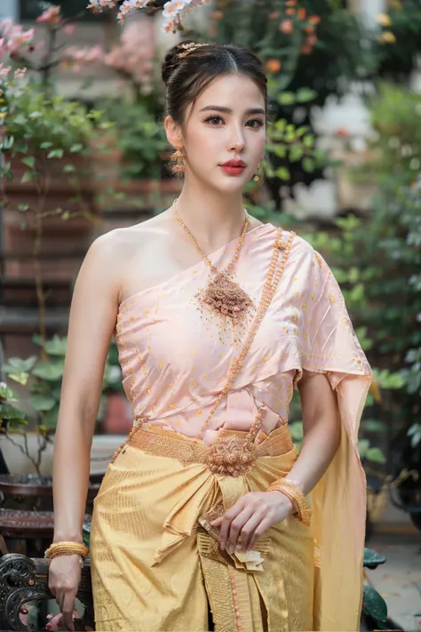 a close up of a woman in a yellow dress standing near a tree