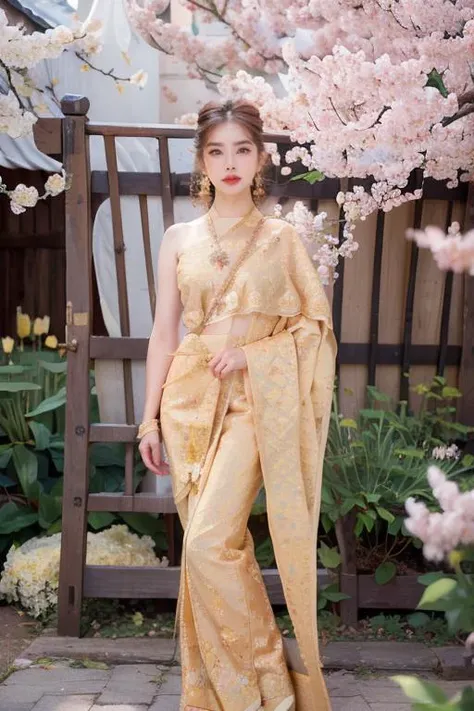 a woman in a yellow sari standing in front of a tree