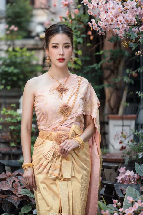 a woman in a yellow dress standing in front of a tree