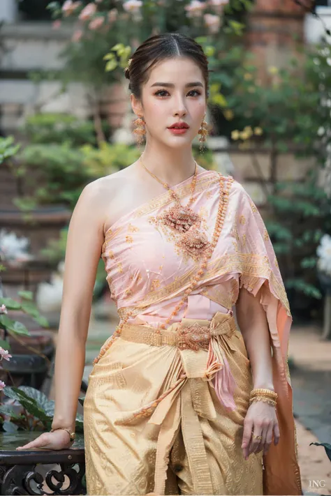 a woman in a pink and gold dress standing in front of a fence