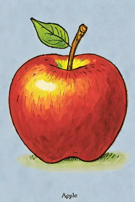 a childrens book illustration of an apple , art by Richard Scarry <lora:Richard_Scarry_Style_XL-000006>