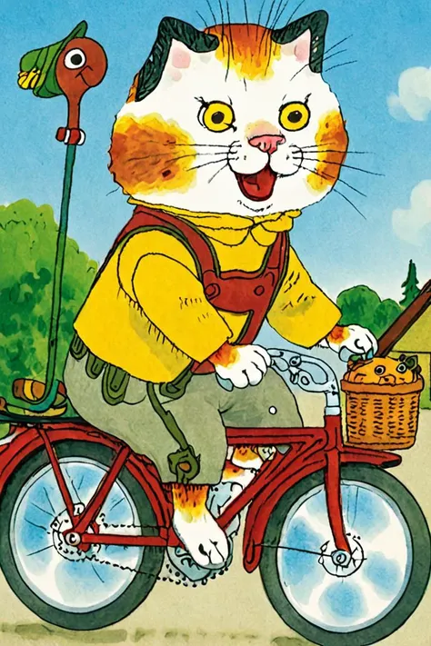 a childrens book illustration of a cat riding a bike  , art by Richard Scarry <lora:Richard_Scarry_Style_XL-000006>