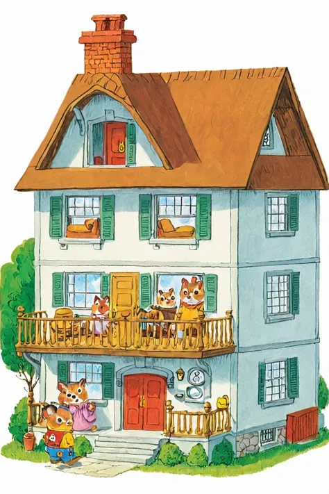 a childrens book illustration of a house on a white background , art by Richard Scarry <lora:Richard_Scarry_Style_XL-000006>