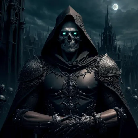 necromancer conjures and summons skeletons, (young man 30 years old with small beard), green glowing eyes, magician conjures and uses magic, a man dressed in a dark caftan with a cloak and fur shoulder pads, (upper body), ((close up)), hyper detailed face,...