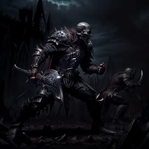 An amazing full body illustration of a (thin but muscular) man wearing edgDeathKnight armor <lora:edg_DeathKnight:0.75>, (holding an GothicPunkAI axe), (charging into battle:1.3), (grim GothicPunkAI full plate armor, gothic print, imprinted skulls:1.25), ((on the battlefield:1.3, muddy, frozen, blizzard, horror, spooky, mystical sky:1.3, fire, detailed cloudscape, outdoors)), intimidating figure, confidence, powerful, best shadow, intricate background, masterpiece, detailed clothes, screaming, textured fabric, (angry face:1.3), (floating debris:1.2), dark shadows, (direct eye contact:1.4), ((action pose, dynamic pose)), sharp focus, cinematic lighting, soft colors, high detail <lora:add_detail:0.45> <lora:GothicHorrorAI:0.65>, dark theme
<lora:lowra_v10:0.7>