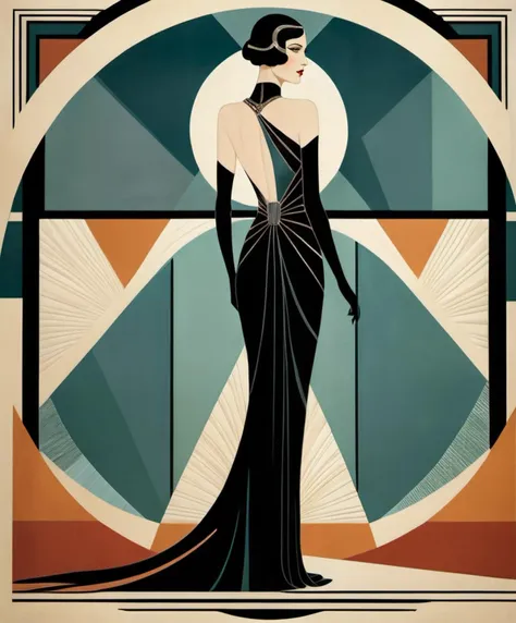 Art Deco, a gorgeous mysterious woman, sleek, geometric forms, art deco style