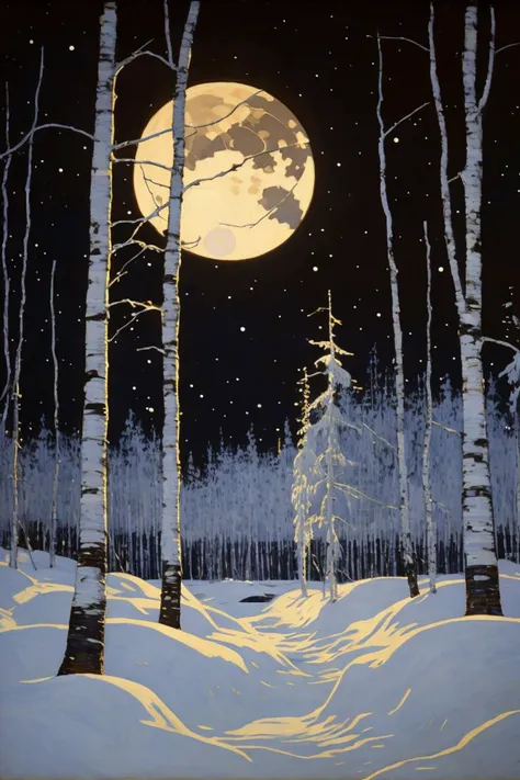 tom_thomson, a painting of a birch forest in the winter, distant moon, landscape <lora:Tom Thomson:1>