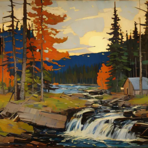 tom_thomson, a painting of a cabin in a forest beside a river with a waterfall, landscape <lora:Tom Thomson:1>