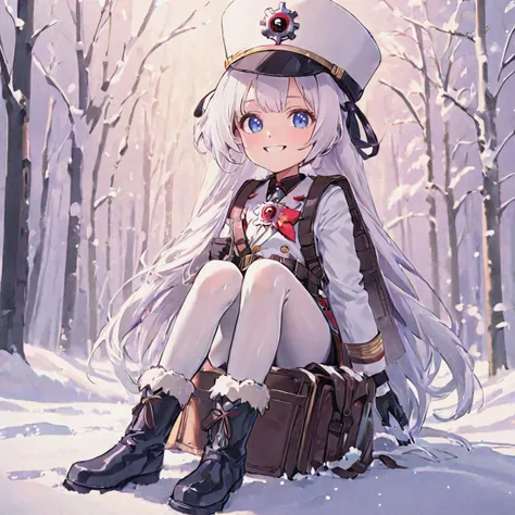 anime girl sitting on suitcase in snowy forest with trees