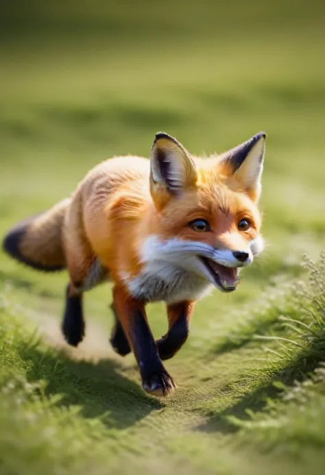 a close up of a fox running on a field with a stick in its mouth