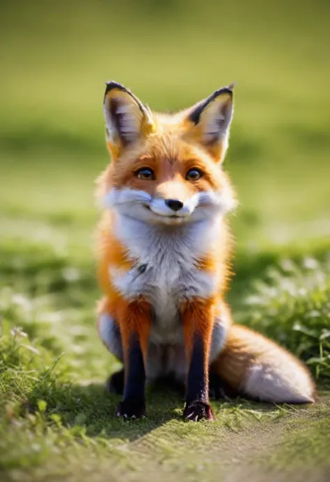 a close up of a fox sitting on a field of grass