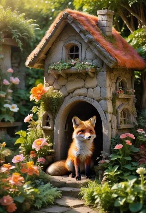 there is a fox sitting in a small doghouse in the garden