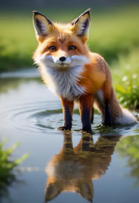 a close up of a fox standing in a body of water