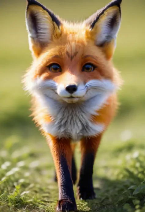 a close up of a fox walking on a grass field