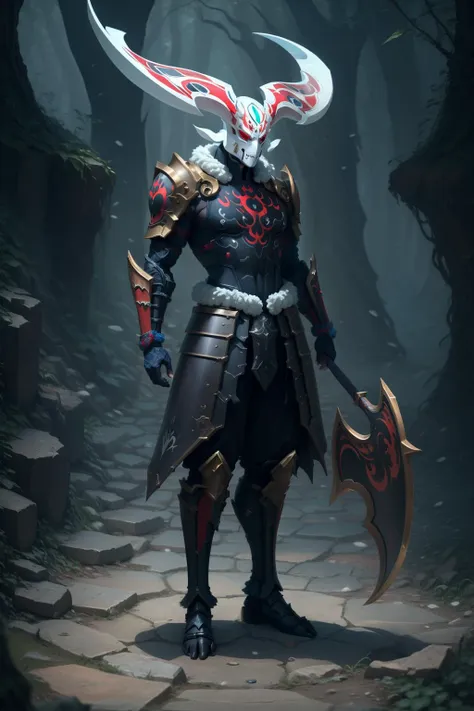 (masterpiece, best quality:1.2), intricate details, <lyco:GoodHands-beta2:1>,  <lyco:snowmoonkayn_lol-000020:1.0>,  snowmoonrhaast, monster, horns, armor, shoulder armor, rope