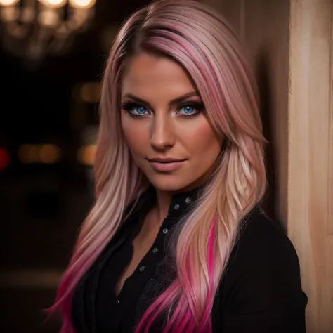 a close up of a woman with pink hair and a black shirt