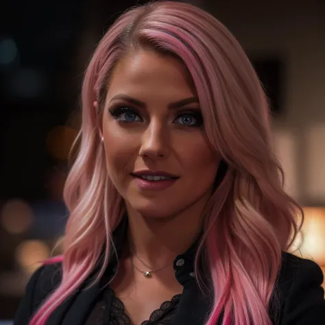 a woman with pink hair and a black top is looking at the camera