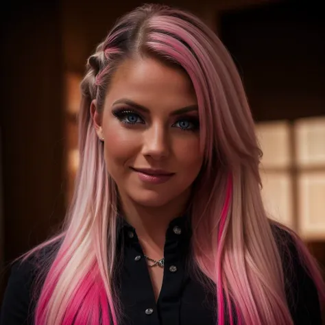 a close up of a woman with pink hair and a black shirt