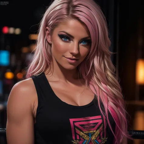 a woman with pink hair and a black tank top posing for a picture