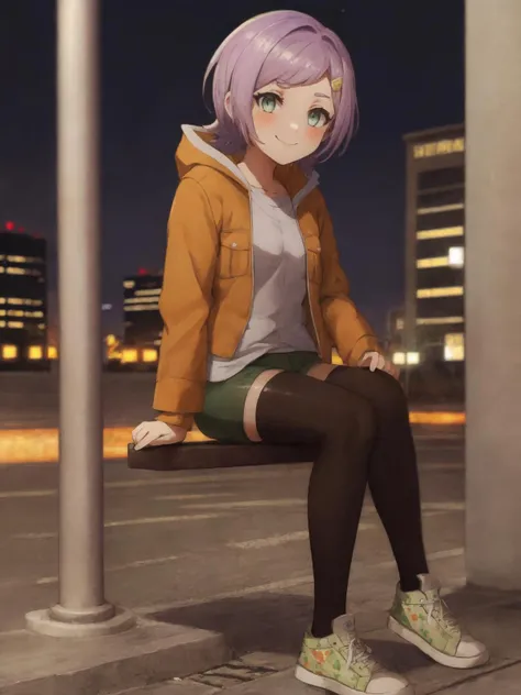 anime girl sitting on a bench in the city at night