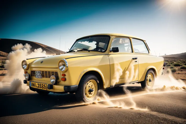 yellow STANCE TRABANT,  car, sandstorm, photorealistic, shot by Sony a7iii  <lora:TRABANT:0.8>