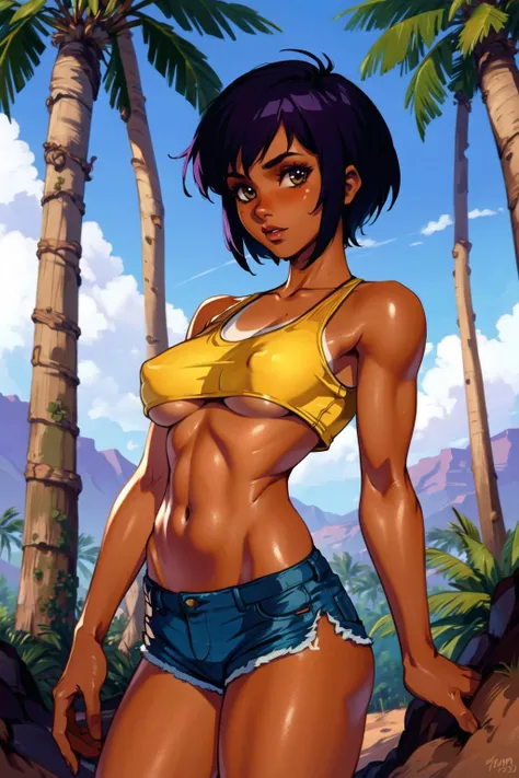 short hair. hair flaps, slim, slender, looking at viewer, tan skin, bikini tan lines, tank top, cropped, underboob, short shorts, (masterpiece), (best quality:1.2), absurdres, intricate details, standing, in forest, palm trees, godrays, (highly detailed sk...