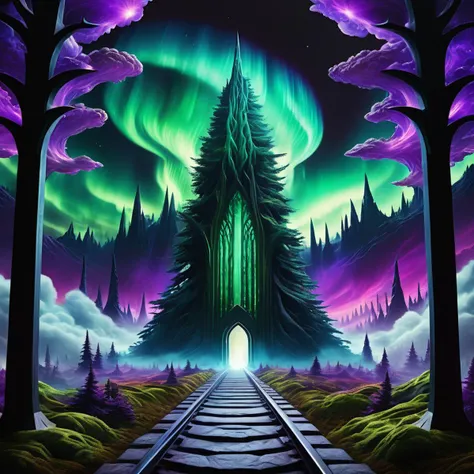 a painting of a train track leading into a forest with a green and purple aurora light