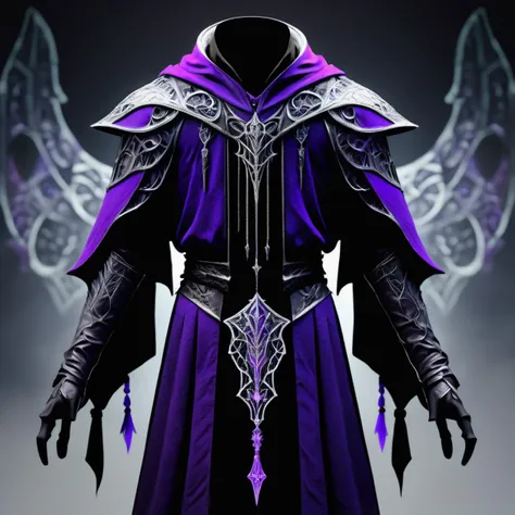 a close up of a purple and black costume with a purple cape