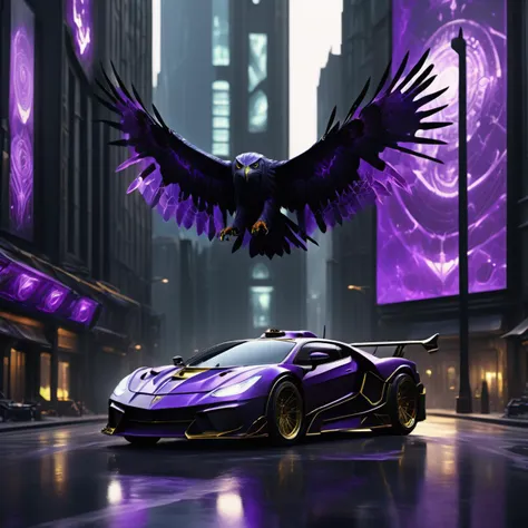 a purple car with a large bird flying over it