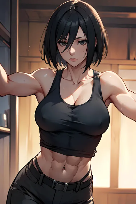 masterpiece,best quality, unreal engine, ultra res, extremely detailed,
1woman, solo, HMMIKASA, SHORT HAIR, BLACK EYES, <lora:Character_mikasa_ackerman_v1:0.5>
tank top, abs, pant <lora:Character_Valmet:0.7>
medium  breasts, waist,(muscular:1.2)
sweat, dee...