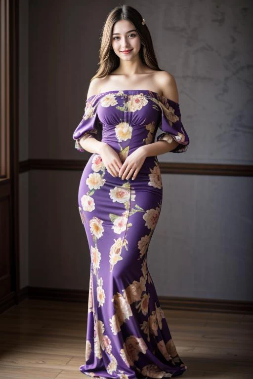 ((1 girl, 22 y.o, Masterpiece, best quality, cinematic lighting, 8k, full body shot, long hair, hourglass body)), (smile:0.85), (realistic background:1.2)
<lora:Long_Dress_H6_By_Stable_yogi:1> violet off-shoulder dress, floral print