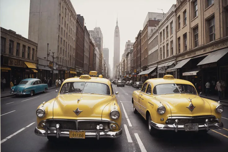 yellow taxis are parked on the side of the road in a city