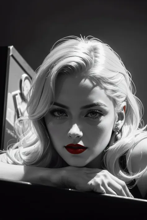 a close up of a woman with a red lipstick on a black and white photo