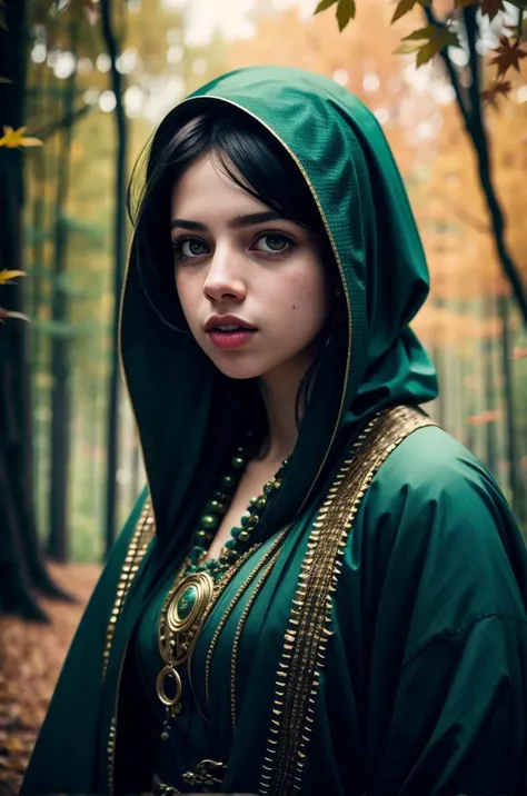 an awarded profesional photography of 1girl  mslilym  (pale white skin), beautiful green eyes,)  side-twist braid twin drills medium brown  with veil with bracelet pajamas  astonished,she make Peace sign pose zipper  in a in a dense forest during autumn, w...