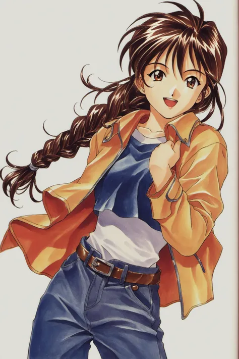 Rikaritta Aries, solo, 1girl, brown hair, braid, brown eyes, long hair, open mouth, smile, white background, traditional media, simple background, belt, single braid, 1990s (style), looking at viewer, retro artstyle, :d,score_9,score_8_up,<lora:Kosuke Fuji...