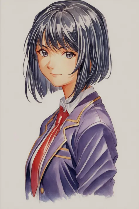 1girl,solo,necktie,medium hair,black hair,red necktie,white background,jacket,simple background,upper body,light smile,looking at viewer,bob cut,purple jacket,blazer,school uniform,traditional media,closed mouth,shirt,from side,black eyes,watercolor (mediu...