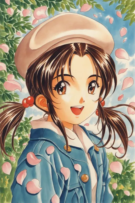 Coquelicot,1girl,solo,brown hair,twintails,brown eyes,hat,hair ornament,petals,hair bobbles,traditional media,smile,retro artstyle,open mouth,score_9,score_8_up,<lora:Kosuke Fujishima_XL_PONY:0.9>,