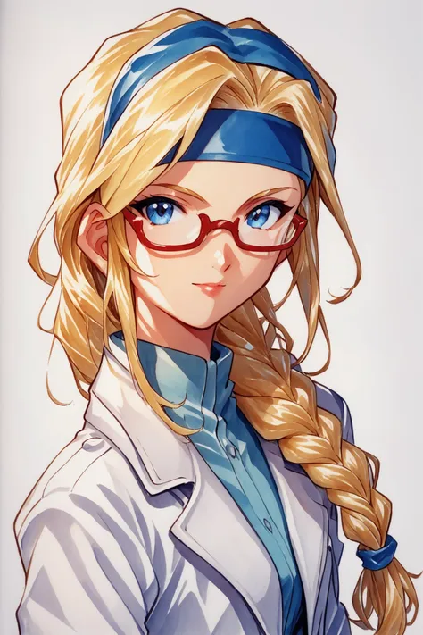 a woman with glasses and a blue headband is wearing a white coat