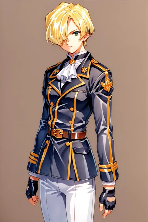 MariaTachibana,1girl,solo,blonde hair,hair over one eye,short hair,green eyes,military uniform,white ascot,long sleeves,belt,white pants,fingerless gloves,boots,standing,traditional media,gloves,pants,ascot,brown background,(black uniform:1.5),simple backg...