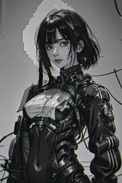 best quality,masterpiece,1girl, solo, monochrome, looking at viewer, gloves, breasts, greyscale, jacket, medium hair, upper body, cyberpunk, bangs,( chromatic aberration:1.3), hatching (texture), closed mouth, cable, bodysuit, wire, science fiction, <lora:...