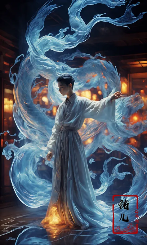 a woman in a white robe is standing in front of a blue dragon