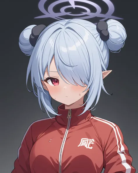 iori (blue archive),1girl, dark-skinned_female, solo, double_bun, hair_over_one_eye, white_background, simple_background, halo, upper_body, looking_at_viewer, alternate_hairstyle, track_jacket, sweat, long_sleeves, red_jacket, alternate_costume, zipper, sw...